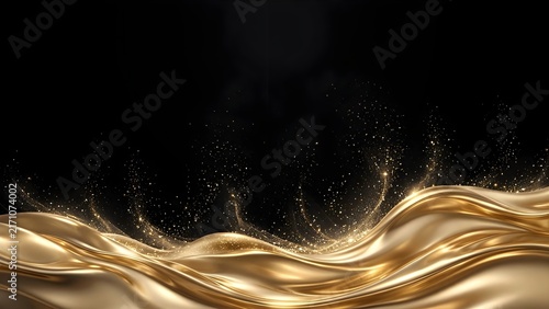 Abstract gold liquid waves with glowing sparkles on black background