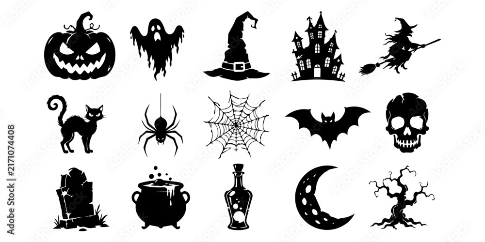 Fototapeta premium Set of Halloween outline icons featuring spooky pumpkin ghost witch hat and haunted house A collection of black and white Halloween line art icons for festive holiday design projects.