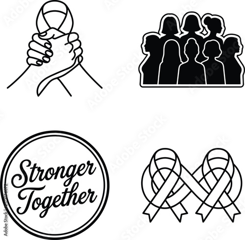 Vintage breast cancer support women silhouette and ribbon set