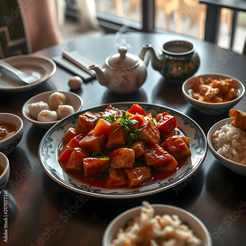 Luxury Asian Restaurant Table Showcasing Caramelized Sweet and Sour Pork, Traditional Dumplings, Fried Rice and Chinese Tea