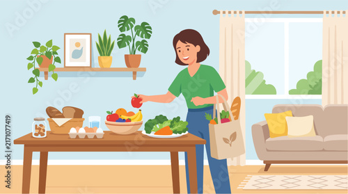 A cheerful young woman unpacks fresh groceries on a wooden table inside her cozy apartment living room, organizing organic vegetables and fruits while holding a paper shopping bag with care