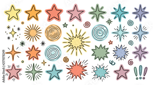 Hand drawn doodle stars and sparkles vector collection set for cute design and illustration