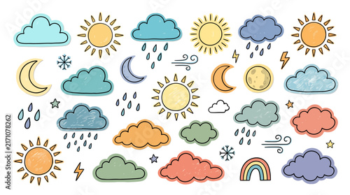 Collection of cartoon weather icons including sun, clouds, moon, rain, lightning, and rainbow