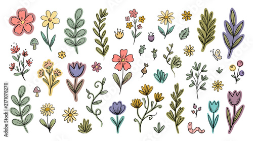 Colorful Hand Drawn Botanical Elements Collection with Flowers and Leaves