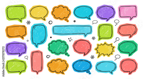 Colorful hand-drawn speech and thought bubbles vector set with chalk texture