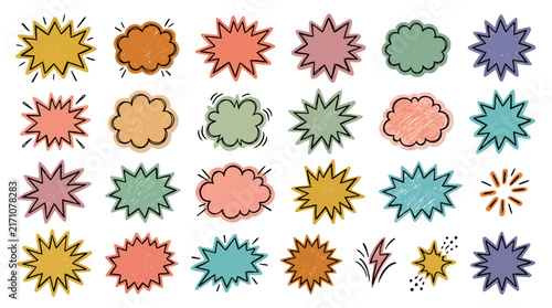 Retro sketched comic book speech bubbles and explosion shapes collection for creative pop art layout and graphic projects