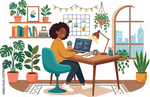 African American Woman Working at Home Desk Flat Vector Illustration