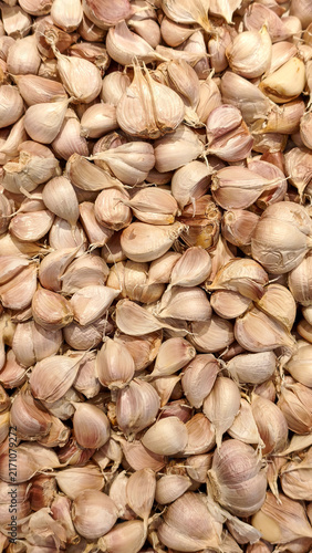 Fresh Garlic Cloves Texture Background. A dense full-frame background of unpeeled raw garlic cloves with natural papery skins, perfect for culinary and organic food designs.