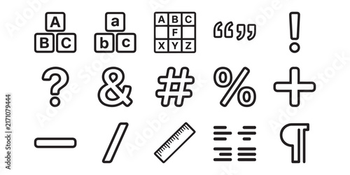 Fotografie Collection of black line art symbols and characters on a white background for de