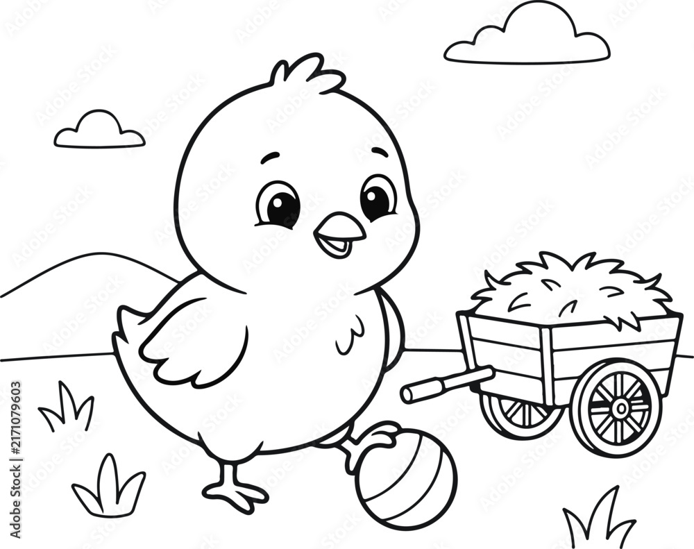 Fototapeta premium Cute cartoon chick playing with a ball and a small wooden cart on a farm