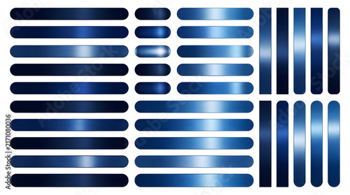 Collection of metallic sapphire and navy blue gradient swatches with sleek UI buttons isolated on white background