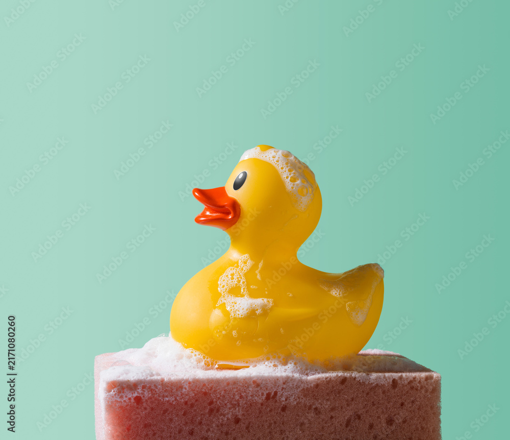 Naklejka premium Soapy Yellow Rubber Duck Covered in Bubbles on Sponge
