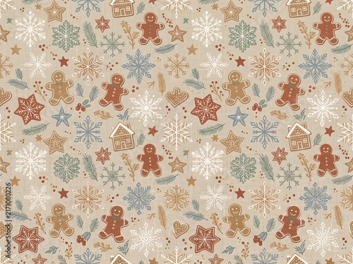 Christmas seamless pattern with gingerbread cookies and snowflakes on textured beige paper