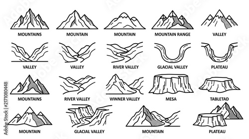 Mountain and Valley Landscape Icons Set