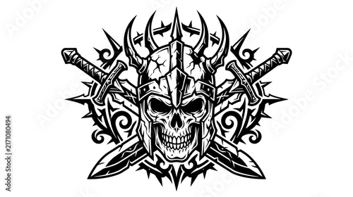 Warrior skull with crossed swords and thorny crown