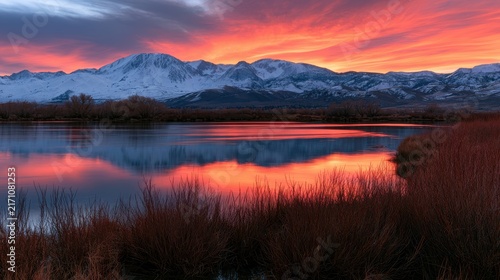 Majestic Mountain Landscape at Sunset with Vibrant Sky Reflected in Calm Water Surrounded by Grassy Marshlands in the Foreground