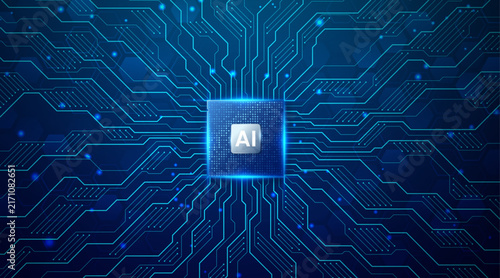 Artificial intelligence chip on blue digital circuit board background for future technology concept. 