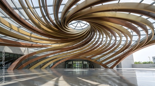Modern architectural interior featuring a dramatic swirling wooden ceiling structure with a glass roof skylight design