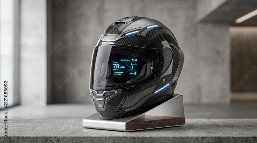 Fototapeta premium Futuristic Carbon Fiber Motorcycle Helmet with Heads-Up Display