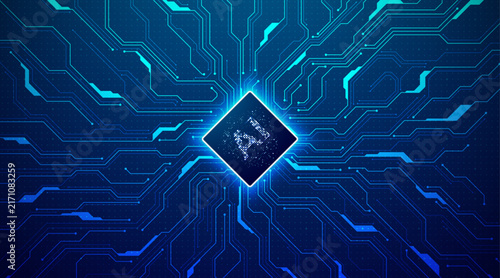 Artificial intelligence chip on blue digital circuit board background for future technology concept. 