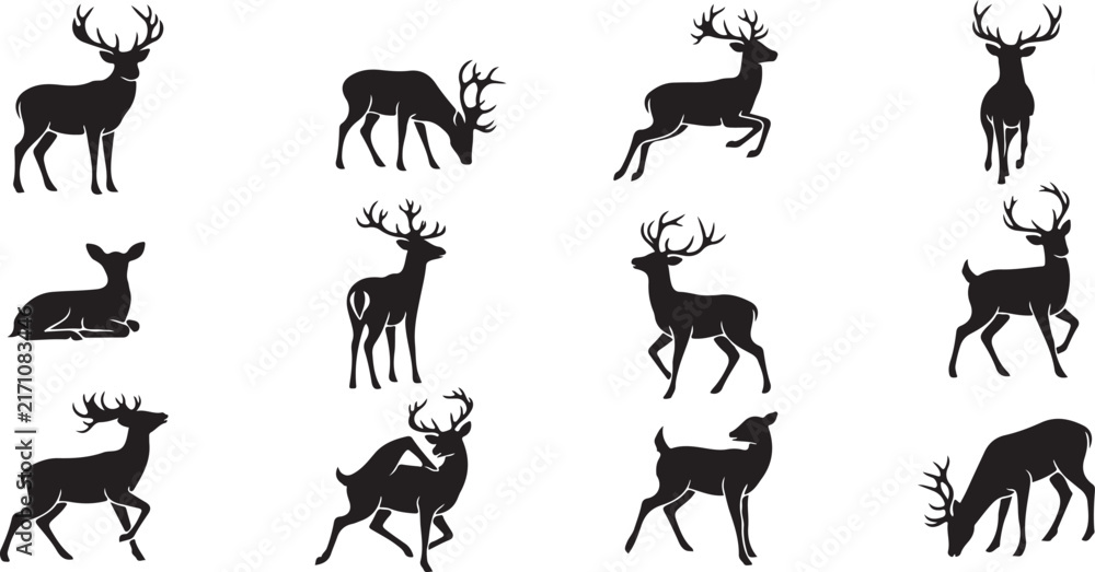 Fototapeta premium Deer Silhouette Vector Collection, Stag Silhouettes and Reindeer Outlines, Wildlife Graphic Set