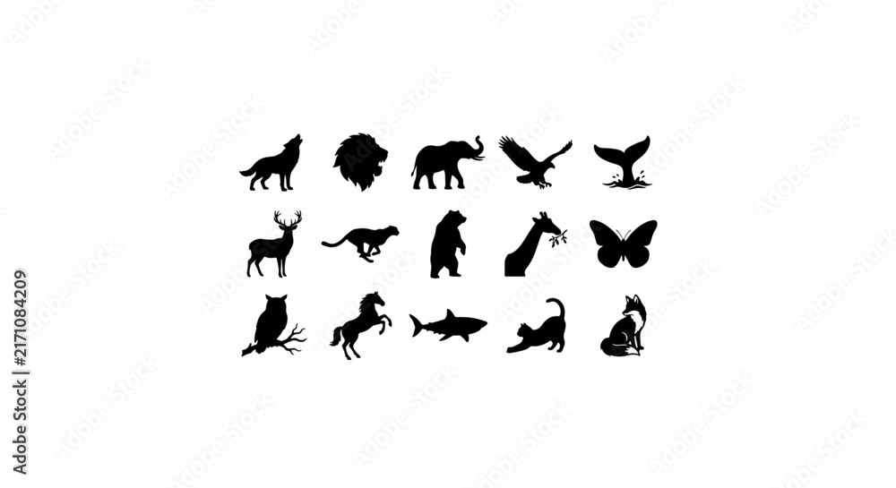 Fototapeta premium Diverse Animal Silhouettes Collection, Wild Fauna Icons, Nature Wildlife Vector Graphics