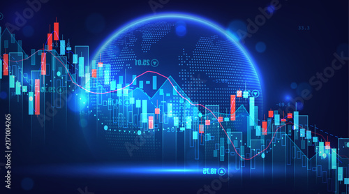 Canvas Print Abstract global business background with wireframe globe and dynamic financial candlestick charts on blue