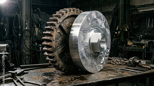 Large Rusted Gear and Polished Machined Aluminum Part on Workbench