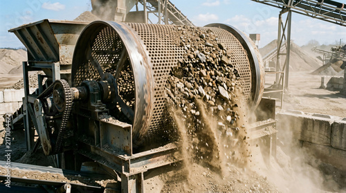 Industrial Rotating Trommel Screen Sorting Gravel at Quarry