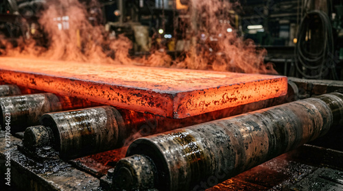 Glowing Hot Steel Slab Moving on Industrial Conveyor Rollers