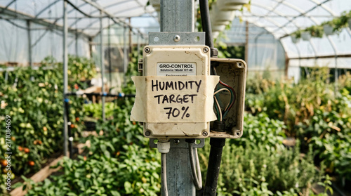 Greenhouse humidity control box with 70 percent target handwritten note