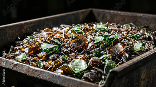 Broken Glass Cullet Pieces in Industrial Bin for Recycling Process