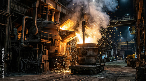 Molten metal pouring in heavy industrial steel foundry factory