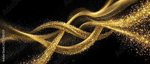 Abstract flowing golden glitter particles on black background