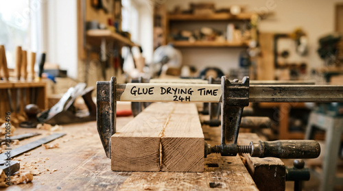 Woodworking clamp holding timber planks with glue drying time note
