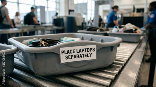 Airport Security Bin on Conveyor Belt with Personal Items and Keys