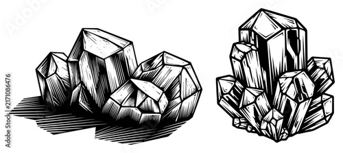 Bild auf Leinwand Quartz Crystal Druse Vector, Hand-Drawn Mineral Stone Clusters, Geological Gemst
