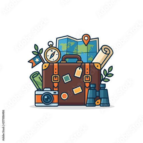 Vintage Travel Suitcase with Map, Camera, Compass, Binoculars, and Flag
