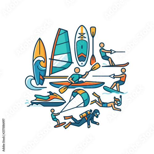 Water Sports Activities Collage - Vector Illustration