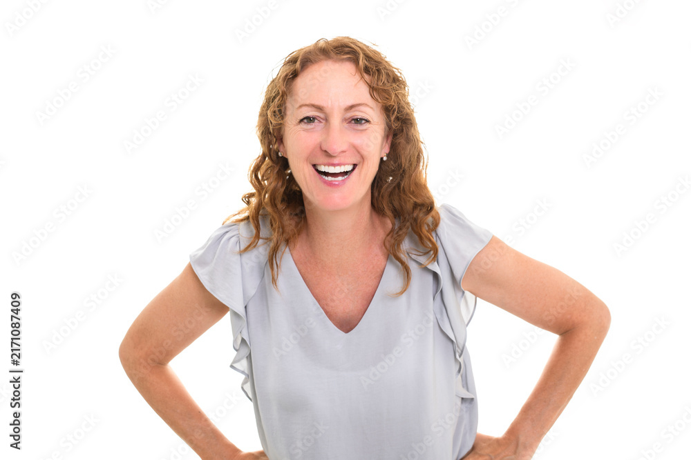 Fototapeta premium Happy mature woman on studio white background with nice portrait