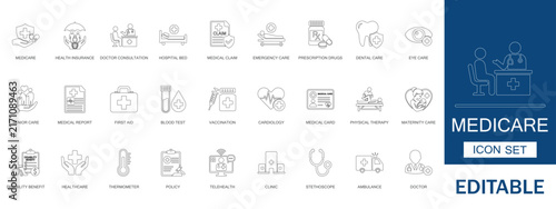 Medicare and health insurance icon set. Vector symbols for doctor consultation, hospital, and clinic. Thin line style for medical report, telehealth, and pharmacy care.