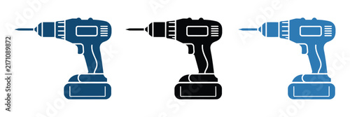 Fotografie Set of cordless electric drill icons in blue and black colors for construction a