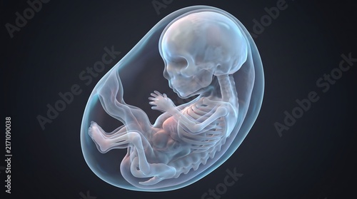 Medical 3D illustration of human fetus developing inside the amniotic sac showing skeletal structure with prenatal development embryo anatomy fetal growth obstetrics visualization unborn baby