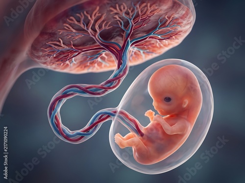 Detailed 3D medical illustration of human fetus connected to placenta via umbilical cord with placenta connection prenatal development pregnancy stage embryo growth maternal circulation