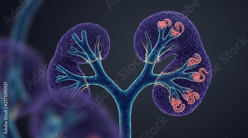 Detailed 3D medical illustration of human kidney internal structure showing nephrons and renal pelvis with kidney anatomy nephron structure internal organ urinary system medical rendering