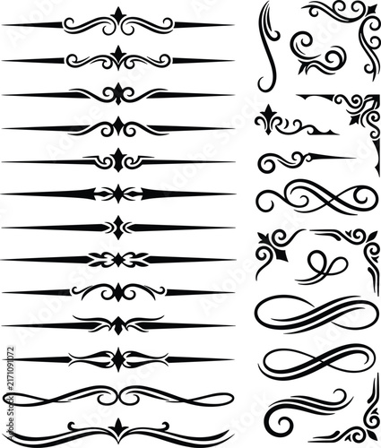Set of vintage black calligraphic text dividers, ornamental borders, and elegant corner flourishes isolated on white.
