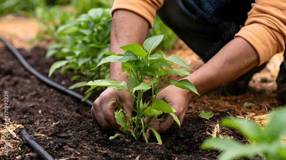 Fototapeta premium A person carefully planting a young green vegetable seedling into rich dark soil in a garden bed