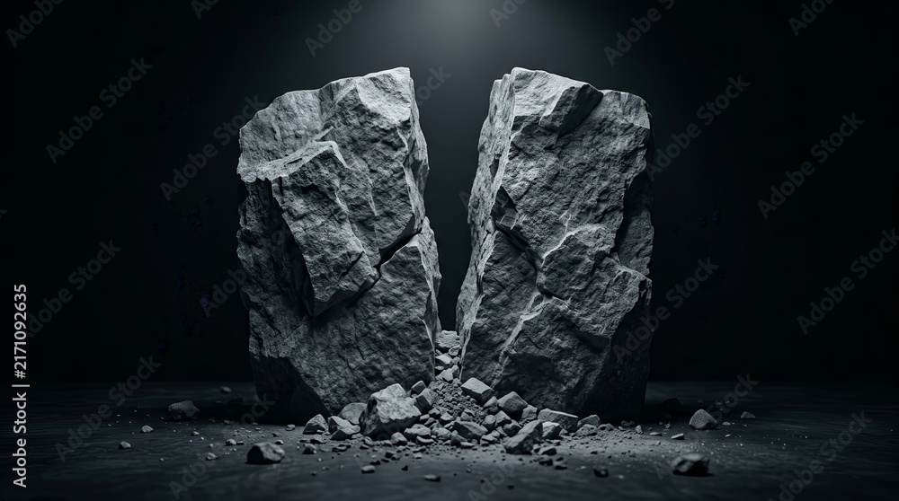 Naklejka premium Fractured grey rocks split apart with loose rubble at the base in a dramatic setting.