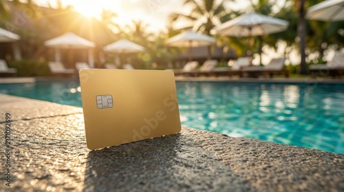 Luxury resort swimming pool with a golden credit card, representing wealth and passive income.
