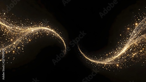 Golden glittering light swirls on black background